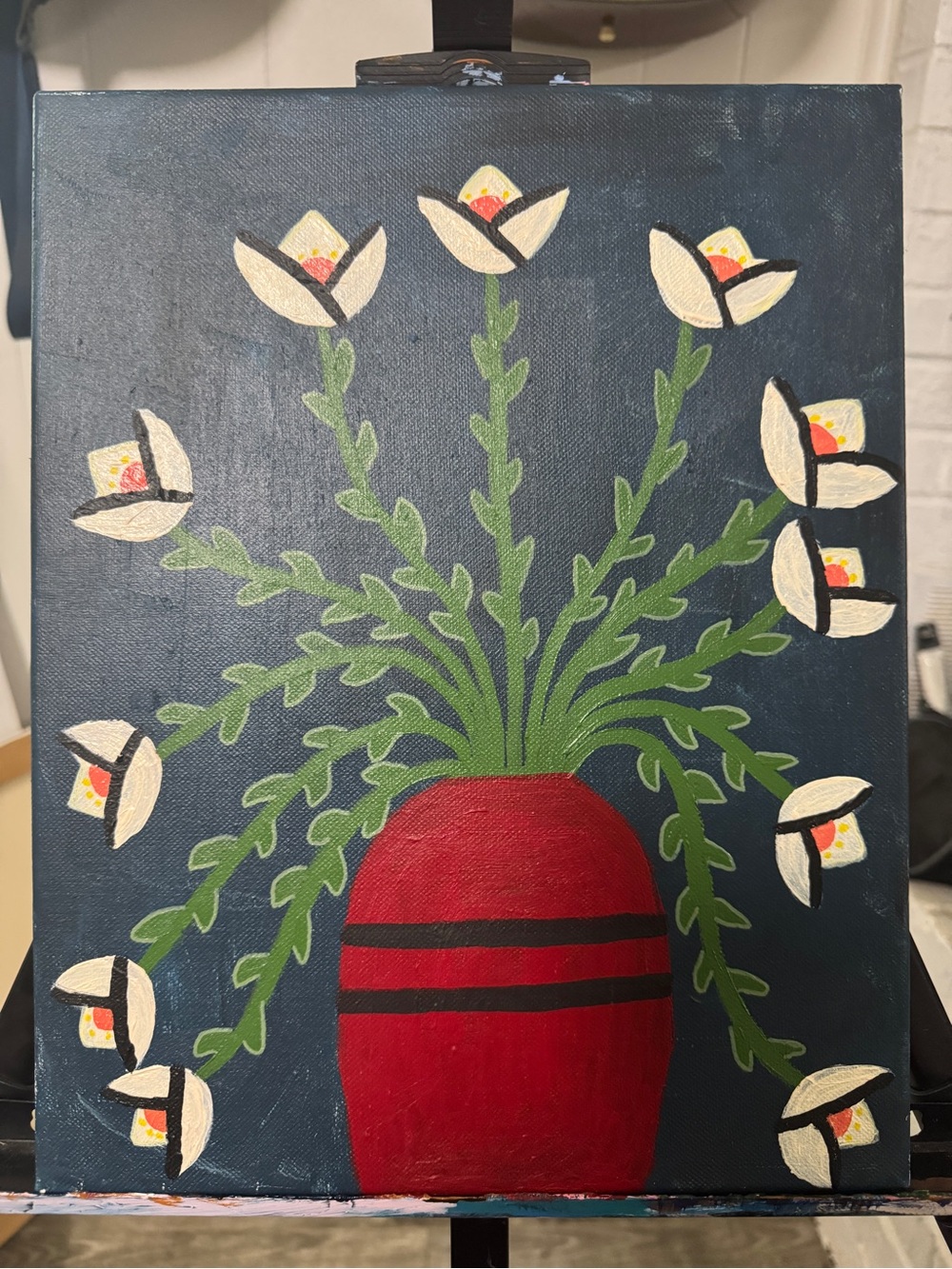 Hand-Painted Floral Canvas with Red Vase